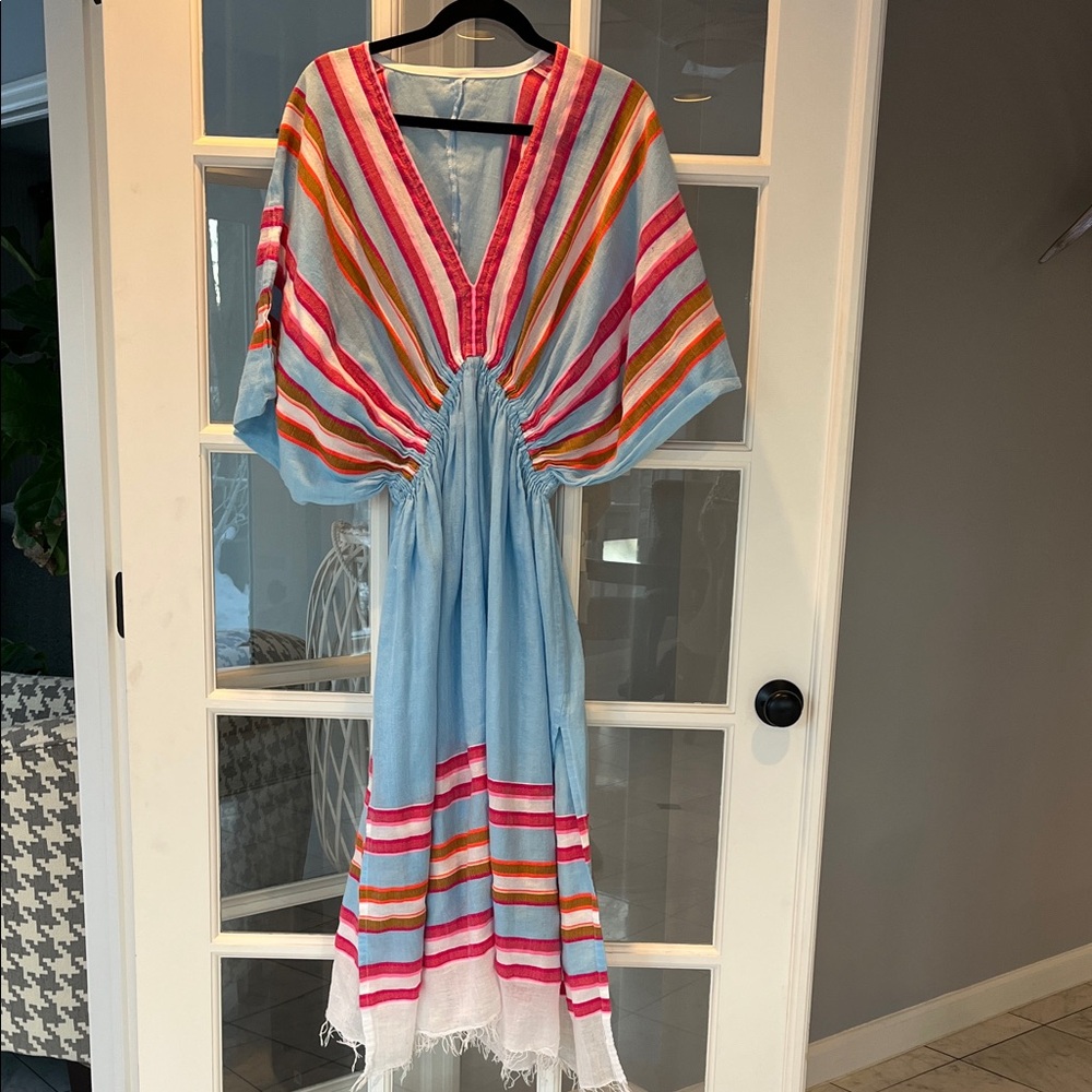 Lemlem Light Blue Striped Caftan Dress with Pink & Orange Accents